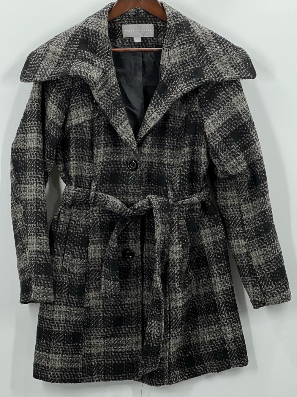 216 Valerie Stevens Black & Gray Plaid Belted Trench Coat